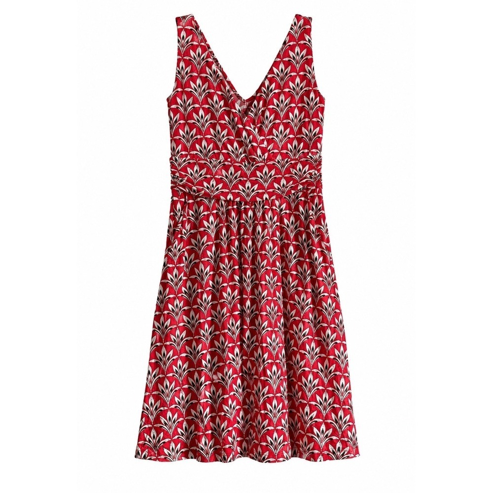 Boden Red Floral Fit Flare Dress Size 4 Wrap Front Pockets Retro Mod Preppy